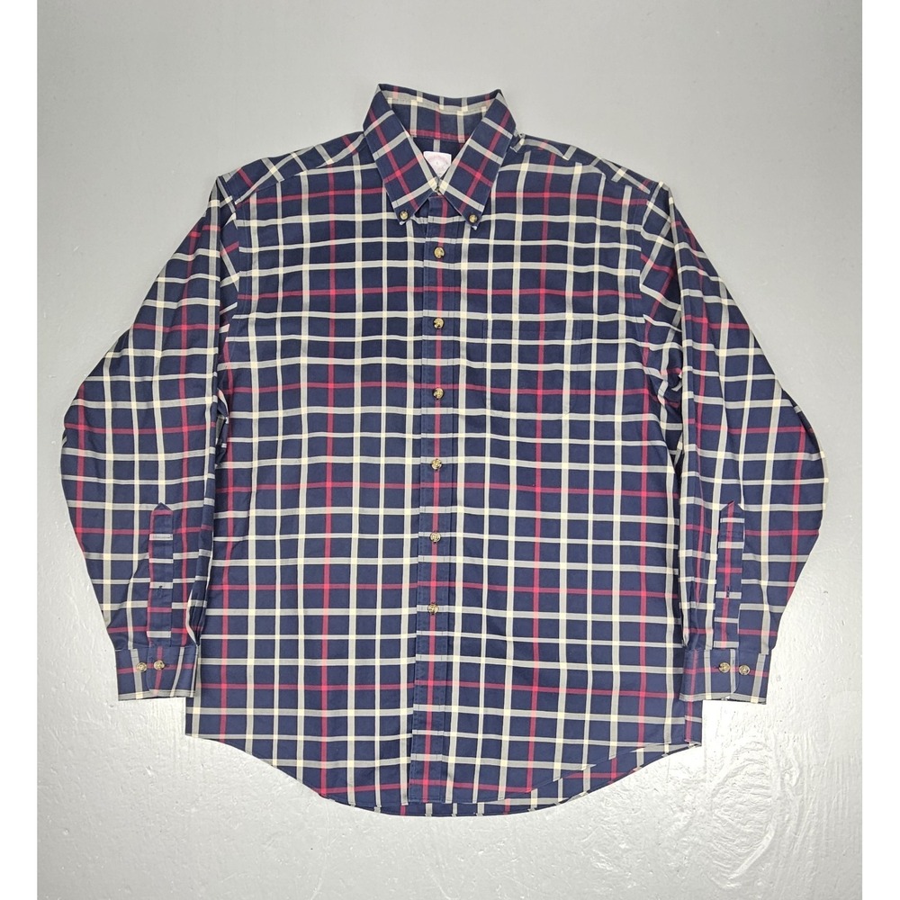 Brooks Brothers 1818 Button Down Shirt Mens Large Blue Plaid Casual Longsleeve